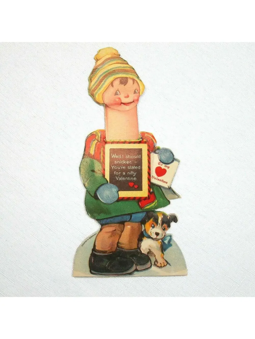 Vintage Valentine Card Boy & Puppy Dog Mechanical Moving Head Germany 20s-30s